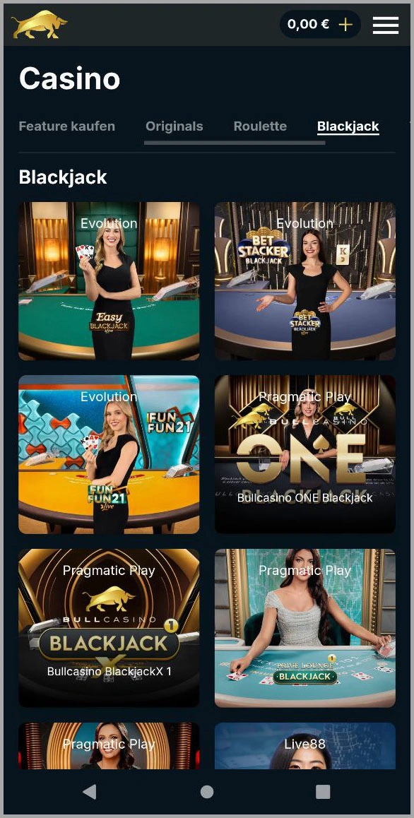 Blackjack live und direkt im Browser im Bullcasino spielen