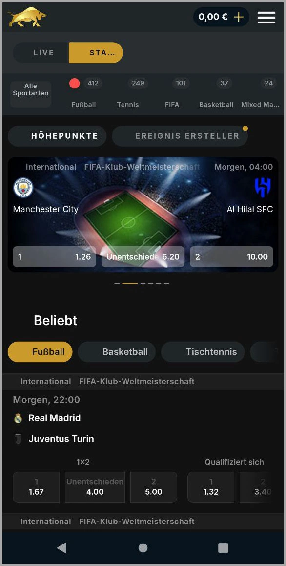Pre-Match Sportwetten bei Bullcasino